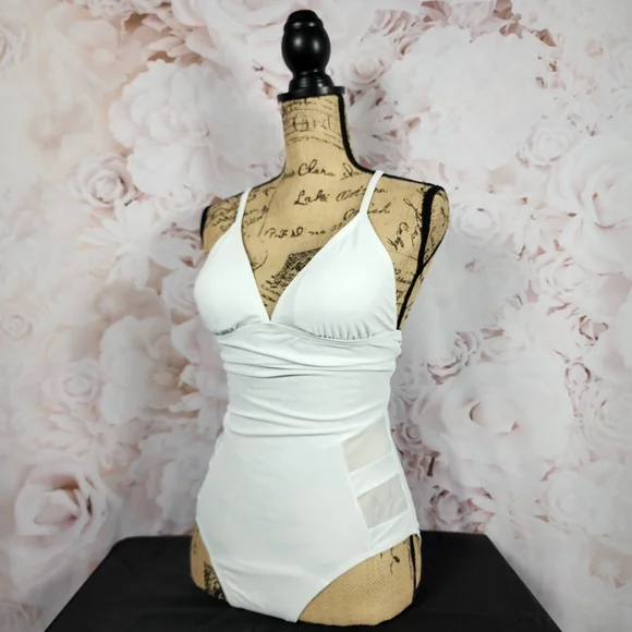 White Retro V-Neck One Piece Bathing Suit - Picture 2 of 10